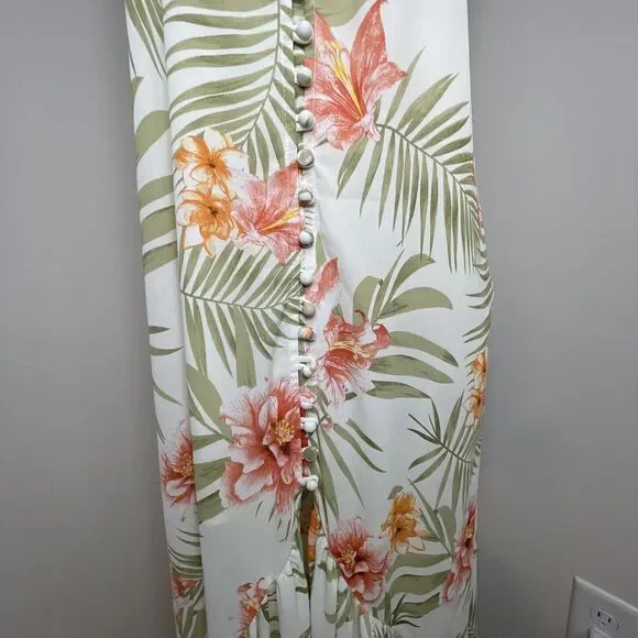 Vestique Floral Full Button Thigh Slit V Neck Maxi Dress Tropical Boho Womens L - Picture 6 of 10